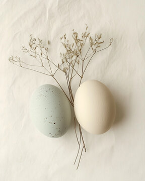 Three Farm Eggs with Dried Wild Grass in Minimalist Fine Art Still Life