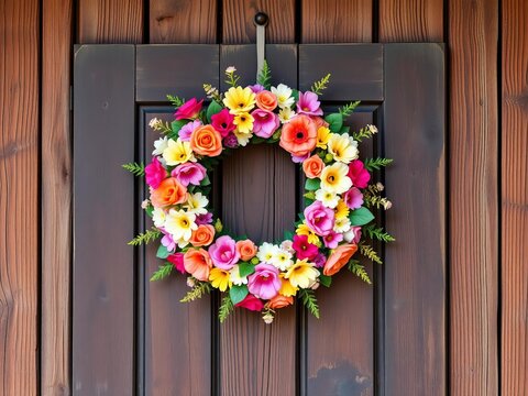 Whimsical floral wreath adorns rustic wooden door, Leaves, Floral Wreath