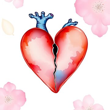 Whimsical watercolor style pierced heart with delicate petals, illustration, ||whimsical