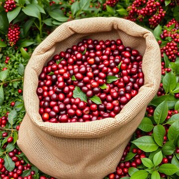 Burlap sack overflowing with vibrant red coffee cherries, awaiting processing on a lush green coffee farm bed, cherry, ripe