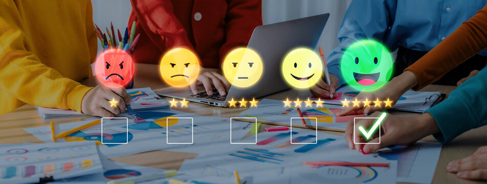 A dynamic office scene where team members engage in feedback discussions using emotion icons and star ratings for evaluating project ideas and enhancing collaboration. Trope