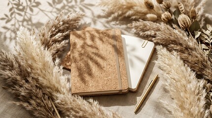 Naklejka premium Rustic journal and golden pen nestled amongst dried pampas grass with dappled sunlight casting natural shadows on a textured background, evoking a cozy and creative atmosphere