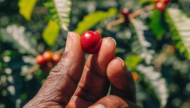 Hand holding ripe red coffee cherry on plantation background.
