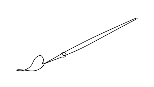 Hand drawn sewing needle with thread white background.