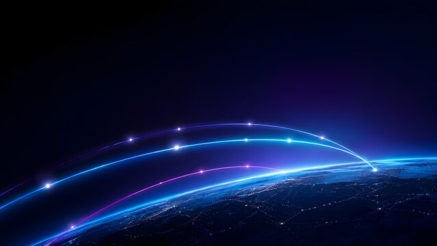 International data transmission arcs crossing planet earth at night illustrating global telecommunications and high speed internet satellite connectivity