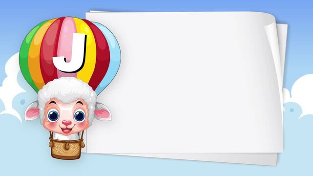 Cartoon Sheep in Hot Air Balloon with Blank White Paper Background