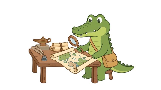 Cute crocodile studying history using an original collection of generic ancient artifacts, simple pottery shapes and an old-style map without recognizable countries or symbols