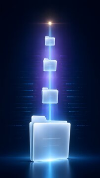 Cloud storage data migration showing vertical stack of glowing digital folders transferring files through a secure light beam network