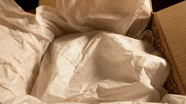 Unboxing Package Close Up With White Tissue Paper Crumpled and Placed Inside a Brown Cardboard Box