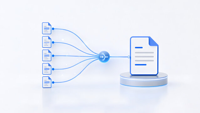 Minimalist document consolidation platform merging multiple digital files into a central master folder for automated data reporting