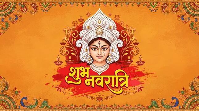 Navratri Festival Background Template writing Navratri in Hindi, Hindu Goddess Durga Face Illustration