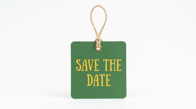 Green cardboard paper tag with save the date message hanging on a rustic twine string isolated on a plain background isolated on white background