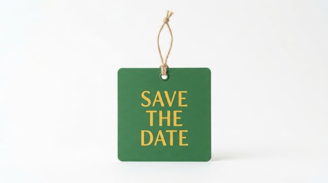 Green square paper tag with save the date text hanging on a small string for wedding or event invitation announcement isolated on white background
