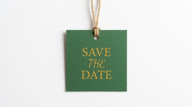 Green square paper tag with gold save the date text hanging on a rustic brown string for wedding invitation design isolated on white background