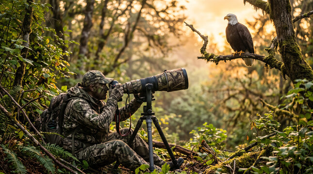 Wildlife photographer in camouflage crouching in forest photographing eagle with wildlife conservation wildlife photography wilderness survival
