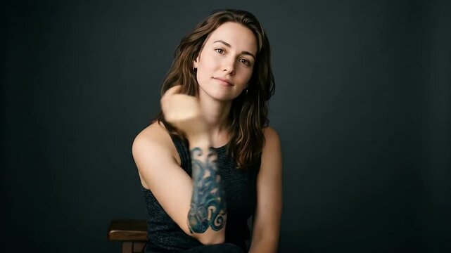 Young woman with tattooed arm in casual black top against dark background