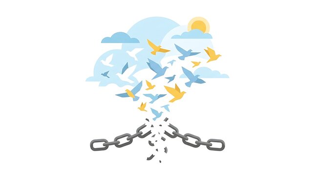 Flat vector illustration of a flock of birds flying away from broken metal chains towards a sunny sky representing freedom and liberation