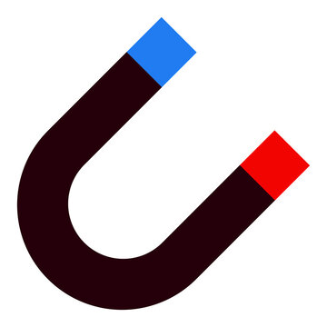 U-shaped horseshoe magnet illustration, red and blue magnetic field force graphic, physics science education icon, isolated on transparent background.