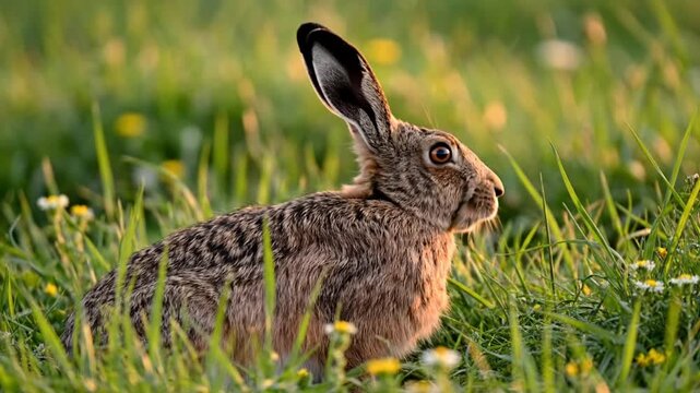 European hare grazing on green grass in natural environment under warm sunlight with detailed fur texture