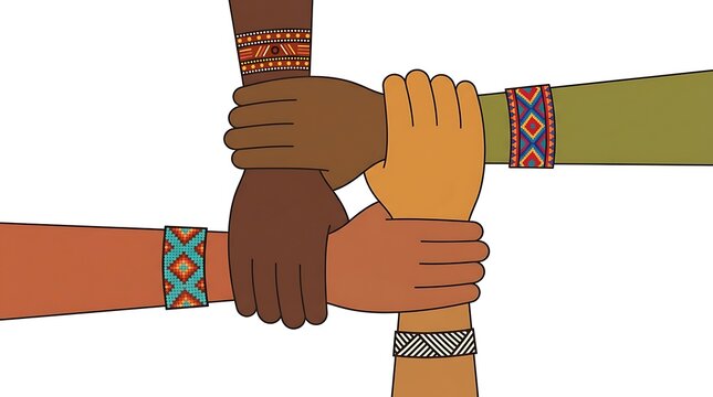 Flat illustration of diverse multicultural hands holding each other's wrists in a circle of unity and cooperation.