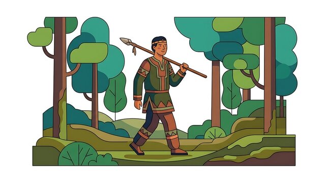 A tribal hunter carrying a wooden spear walks through a lush green forest in a flat illustration style.