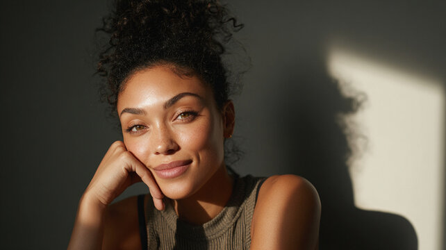Beauty portrait woman curly hair sun kissed glow studio smile face, warm light with shadow on dark wall and natural makeup