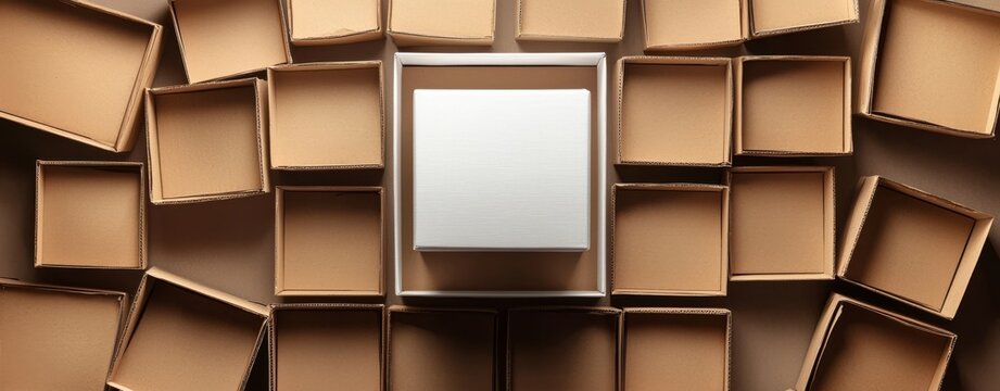 A collection of cardboard boxes enveloping a singular white box in the center.