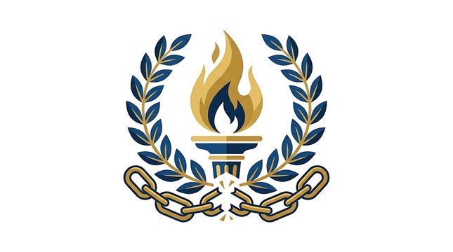Memorial torch with a golden flame surrounded by a blue laurel wreath and a broken chain symbolizing freedom and remembrance