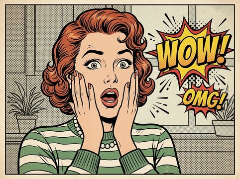 A stylish vintage pop art woman with red hair expressing extreme shock and surprise featuring WOW and OMG comic bubbles in classic retro style