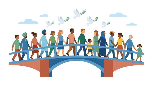 A diverse group of multicultural people holding hands while crossing a bridge together to symbolize peace and global unity.