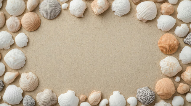 Top view natural seashell collection on sand, minimalist border composition