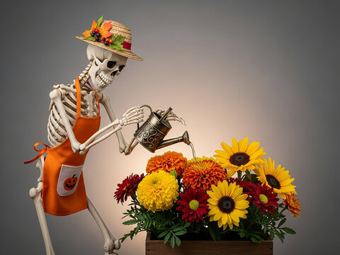 A festive human skeleton wearing a straw hat and orange apron joyfully waters a wooden planter filled with vibrant autumn flowers like sunflowers and marigolds during a creative seasonal
