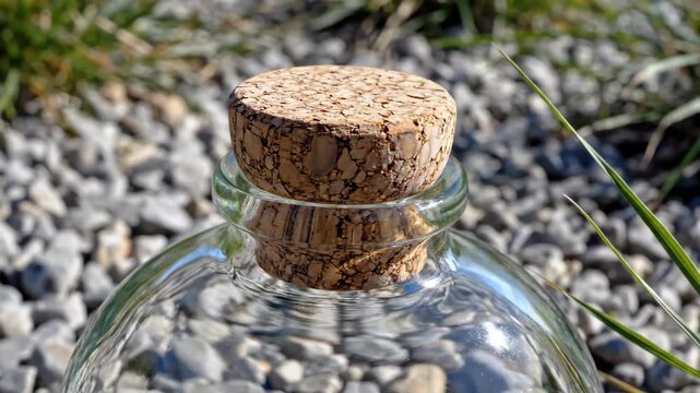 Crisp daylight traces the rugged grain of a natural cork stopper sealing a transparent storage flask among pale pebbles and wild grass, presenting durable reusable packaging in an outdoor setting
