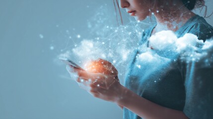 Fototapeta premium Woman using smartphone with digital cloud concept