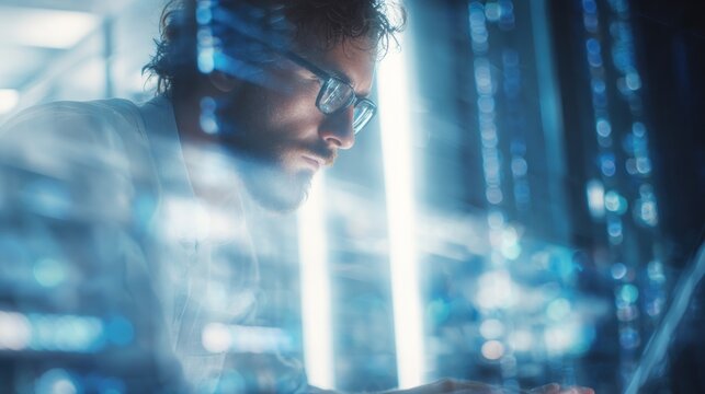 Man working on computer in data center