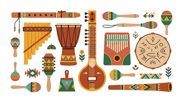 Collection of traditional ethnic musical instruments in flat design style featuring djembe drum sitar pan flute and kalimba with tribal patterns