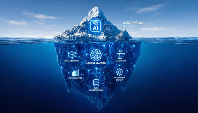Iceberg AI Data Center  AI iceberg hidden technology concept Underwater AI data center Future climate AI Digital iceberg business metaphor AI + ocean sustainability