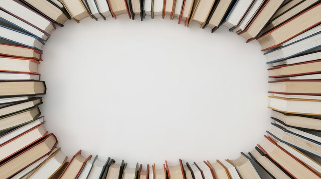 Open books circle, white background, top view, empty center, reading concept