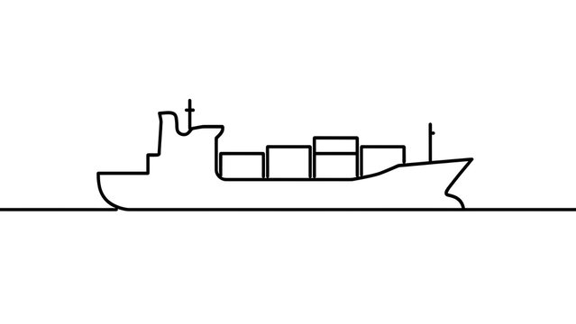 Cargo ship line art illustration white background.