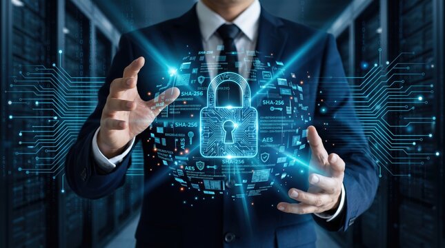 Businessman holding glowing digital padlock with cybersecurity icons, data protection, network security and encryption technology, information privacy shield for corporate safety
