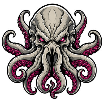 Grimy, monstrous octopus with glowing red eyes
