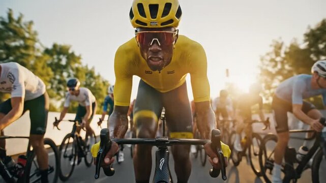 Cyclist in yellow jersey races intensely at sunset