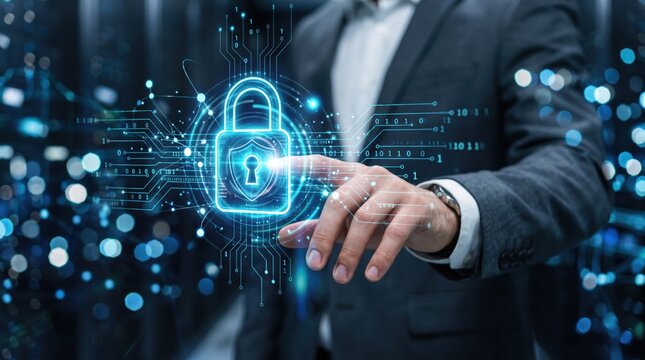 Cyber security with businessman touching glowing digital padlock hologram, data protection, encryption, privacy, network safety, firewall, antivirus, information technology