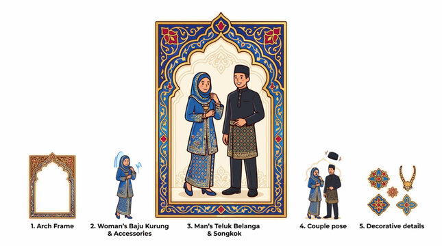 Malay Couple in Traditional Baju Kurung & Teluk Belanga Attire