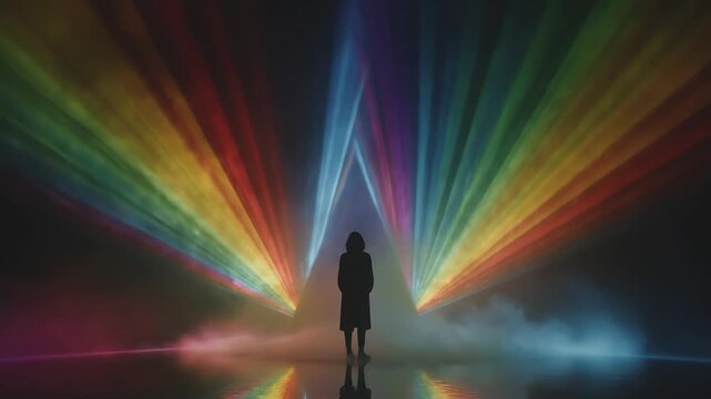 Silhouette of person standing before an immersive colorful light installation in a dark room with glowing rays, An immersive virtual experience.