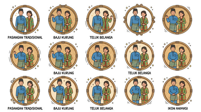 Malay Couple Traditional Attire Illustration Set - Icon Graphics