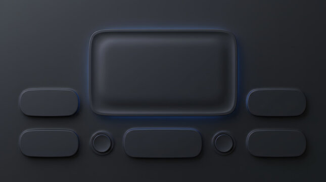 Dark Neu morphism UI UX Wireframe Layout Concept with Subtle Blue Backlight Accent