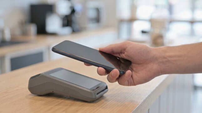 Smartphone AI Security Payment Risk concept. Person using smartphone for contactless payment on card reader at counter