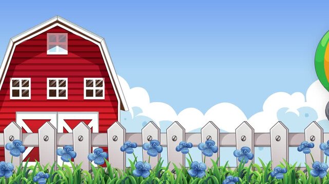 Animated Koala Drifting in Colorful Hot Air Balloon Across Rural Farm Landscape