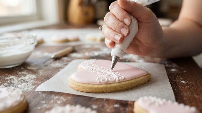 Close up of a person decorating a pink heart shaped cookie with white icing using a piping bag and tip